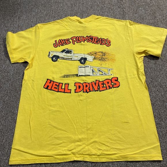 Vintage Stunt Drive Jake Plumstead Hell Drivers Car Yellow Shirt Large - Stedman